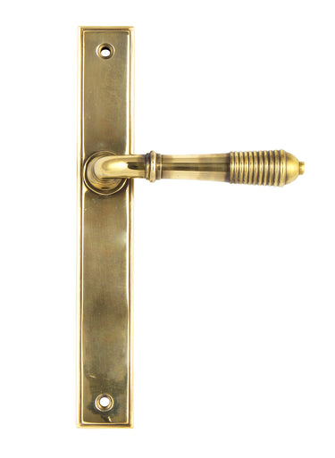 From The Anvil's Aged Brass Reeded Slimline Lever Espag. Latch Set; #finish_aged-brass