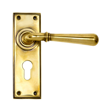 From The Anvil's Aged Brass Newbury Lever Euro Lock Door Handles; #finish_aged-brass