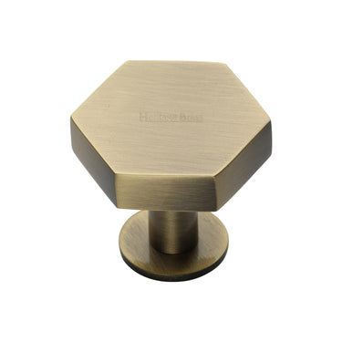 M Marcus - Heritage Brass - Hexagon Cabinet Knob with Rose - 32mm; #finish_antique-brass