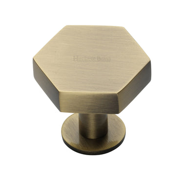 M Marcus - Heritage Brass - Hexagon Cabinet Knob with Rose - 38mm; #finish_antique-brass
