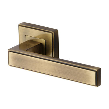 M Marcus - Heritage Brass - Linear Sq Door Handles on Square Rose; #finish_antique-brass
