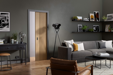 LPD Doors - Flusso Pocket Door set displayed in a modern living room with dark green walls and contemporary furnishings.