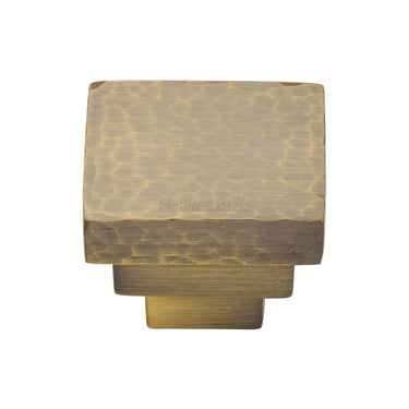 M Marcus - Heritage Brass - Square Stepped Cabinet Knob Hammered Design - 32mm; #finish_antique-brass