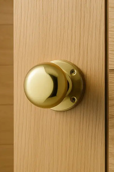 Frelan Hardware - Jedo Kontrax Door Knobs - Mushroom - Pair; #finish_polished-brass