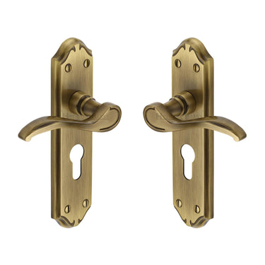 M Marcus - Heritage Brass - Verona Door Handles - Short Plate - Euro Lock - Pair; #finish_antique-brass