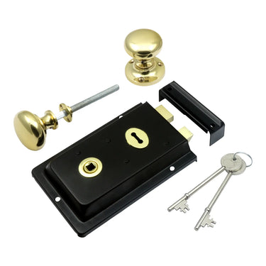 Prima Hardware - Rim Lock with Mushroom Rim Knobs - Dual Finish - 52mm dia; #finish_black-and-polished-brass