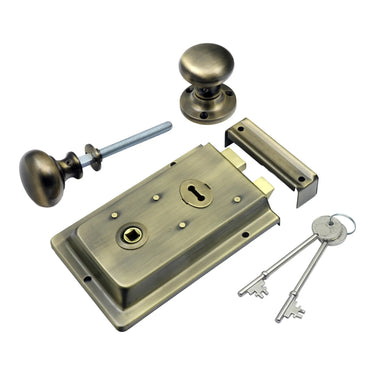 Prima Hardware - Rim Lock with Mushroom Rim Knobs - 52mm dia; #finish_antique-brass