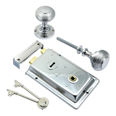 Prima Hardware - Rim Lock with Reeded Rim Knobs - 53mm dia; #finish_polished-chrome