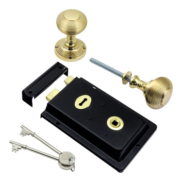 Prima Hardware - Rim Lock with Mushroom Rim Knobs - Dual Finish - 53mm dia; #finish_black-and-polished-brass