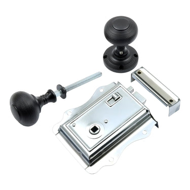 Prima Hardware - Fancy Rim Latch with Reeded Rim Knobs - Dual Finish - 53mm dia; #finish_chrome-and-matt-black