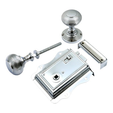 Prima Hardware - Fancy Rim Latch with Reeded Rim Knobs - 53mm dia; #finish_polished-chrome