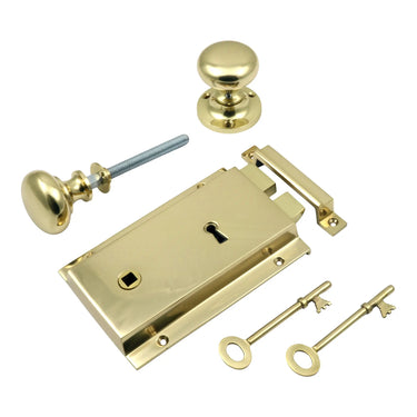 Prima Hardware - Heavy Cast Rim Lock with Mushroom Rim Knobs - Left Hand; #finish_polished-brass
