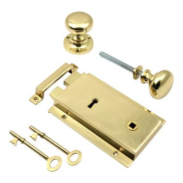 Prima Hardware - Heavy Cast Rim Lock with Mushroom Rim Knobs - Right Hand; #finish_polished-brass