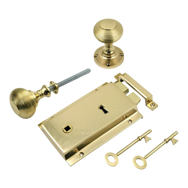 Prima Hardware - Heavy Cast Rim Lock with Reeded Rim Knobs - Left Hand; #finish_polished-brass