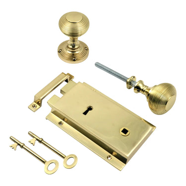 Prima Hardware - Heavy Cast Rim Lock with Reeded Rim Knobs - Right Hand; #finish_polished-brass