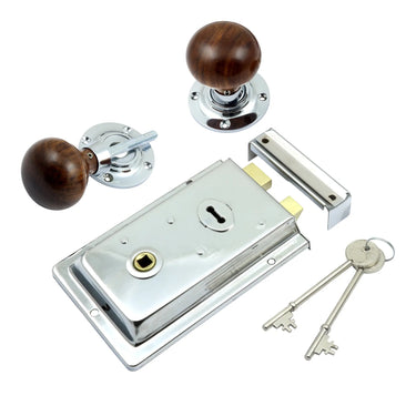 Prima Hardware - Rim Lock with Rosewood Mushroom Rim Knobs - 57mm dia; #finish_polished-chrome