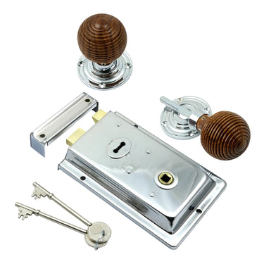Prima Hardware - Rim Lock with Rosewood Reeded Rim Knobs - 54mm dia; #finish_polished-chrome