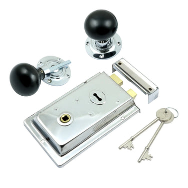 Prima Hardware - Rim Lock with Ebony Mushroom Rim Knobs - 57mm dia; #finish_polished-chrome
