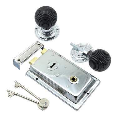 Prima Hardware - Rim Lock with Ebony Reeded Rim Knobs - 54mm dia; #finish_polished-chrome