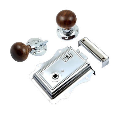 Prima Hardware - Fancy Rim Lock with Rosewood Mushroom Rim Knobs - 57mm dia; #finish_polished-chrome