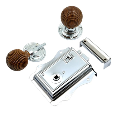 Prima Hardware - Fancy Rim Lock with Rosewood Reeded Rim Knobs - 54mm dia; #finish_polished-chrome