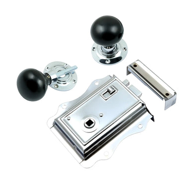 Prima Hardware - Fancy Rim Lock with Ebony Mushroom Rim Knobs - 57mm dia; #finish_polished-chrome