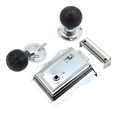 Prima Hardware - Fancy Rim Lock with Ebony Reeded Rim Knobs - 54mm dia; #finish_polished-chrome