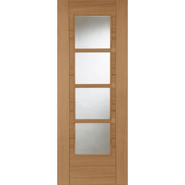 Oak ISEO door with four clear glazed panels and quarter cut design.; #Oak