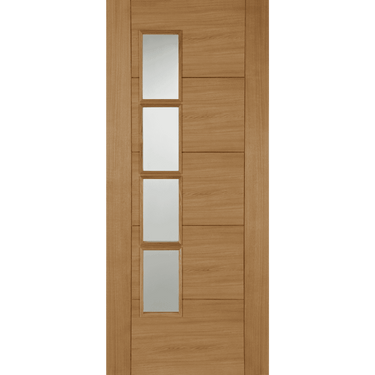 Oak door with four clear glazed panels and a quarter cut oak finish.; #Oak