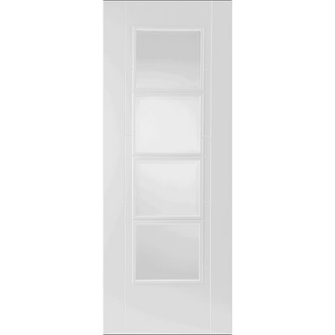 White door with four clear glazed panels and V grooves, primed finish.; #White