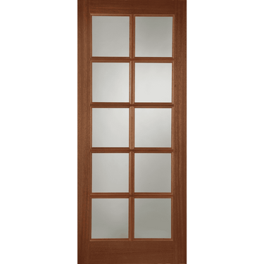 Traditional unglazed hardwood door with recessed beading design and multiple glass panels.; #Hardwood