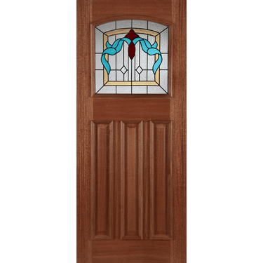 Hardwood door with decorative glazed panel featuring black caming and colourful design.; #Hardwood