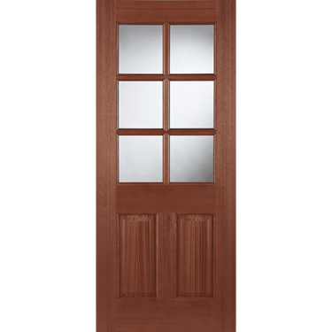 Hardwood Wellington un-glazed door with two bottom panels and six upper glass sections.; #Hardwood