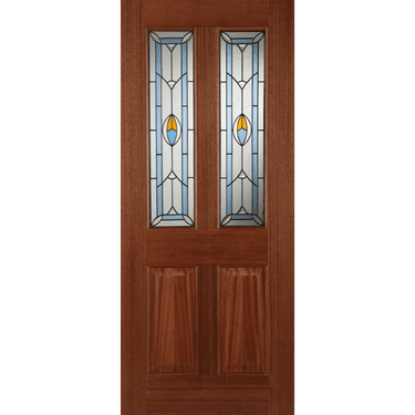 Hardwood Edwardian door with two blue glazed panels and black caming.; #Hardwood