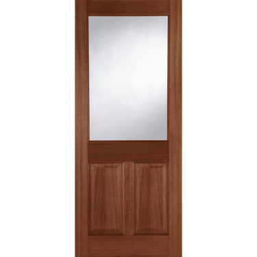 Unfinished hardwood door with two lower panels and a large upper vision panel, unglazed.; #Hardwood