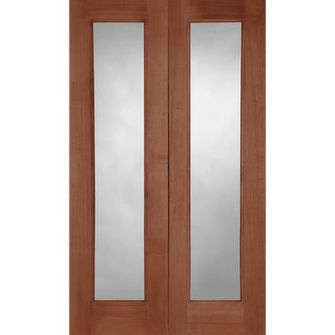 Pair of unglazed hardwood doors with rebated edges and vertical panels.; #Hardwood