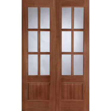 Pair of traditional hardwood rebated doors, unglazed, with multiple panel design.; #Hardwood