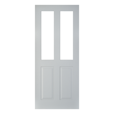 Grey primed Dorset door with two clear glazed panels and two solid panels.; #Thermawood