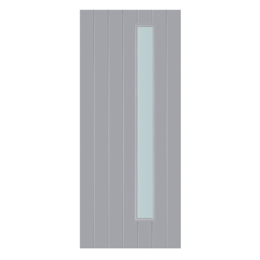 Grey primed external door with vertical glazed panel, part of the Thermawood range.; #Thermawood