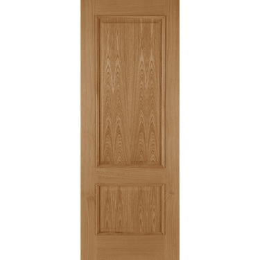 Unfinished oak door with two raised panels and mouldings, showcasing natural wood grain.; #Oak