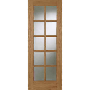 Oak door with 10 clear glazed panels, unfinished wood, and recessed beading.; #Oak