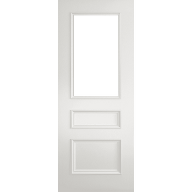 White primed door with two panels and one clear glazed light, featuring raised moulding.; #White
