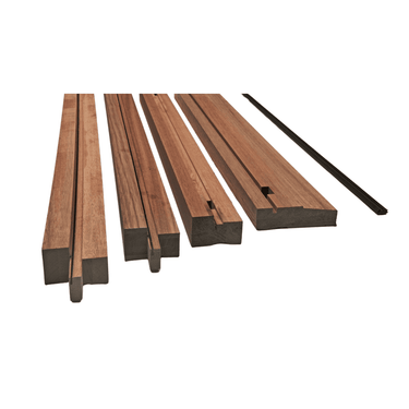 Unassembled hardwood pair door frame components in a natural wood finish.; #Hardwood