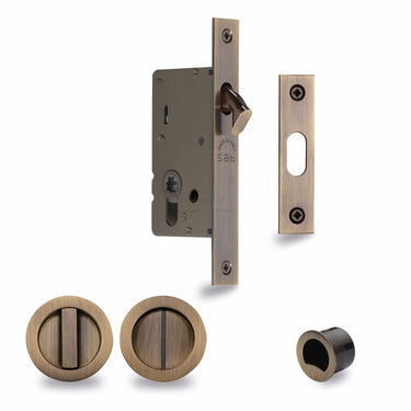 M Marcus - M.Marcus Architectural Hardware - Sliding Lock with Round Privacy Turns - 40mm; #finish_antique-brass
