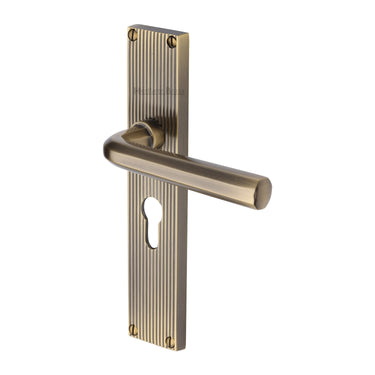 M Marcus - Heritage Brass - Octave Door Handles - Reeded - Euro Lock - Pair; #finish_antique-brass