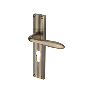 M Marcus - Heritage Brass - Sutton Door Handles - Reeded - Euro Lock - Pair; #finish_antique-brass