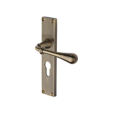 M Marcus - Heritage Brass - Roma Door Handles - Reeded - Euro Lock - Pair; #finish_antique-brass