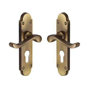 M Marcus - Heritage Brass - Savoy Door Handles - Euro Lock - Pair; #finish_antique-brass