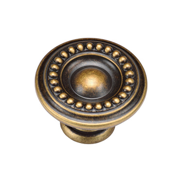 M Marcus - M.Marcus Architectural Hardware - Beaded Round Knob - 35mm; #finish_distressed-brass