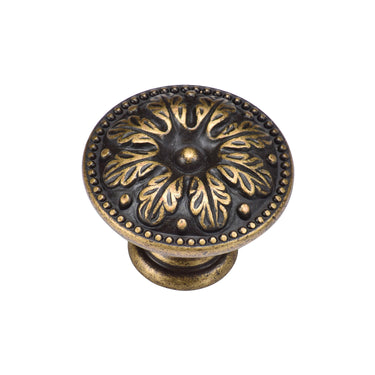 M Marcus - M.Marcus Architectural Hardware - Floral Round Knob - 30mm; #finish_distressed-brass